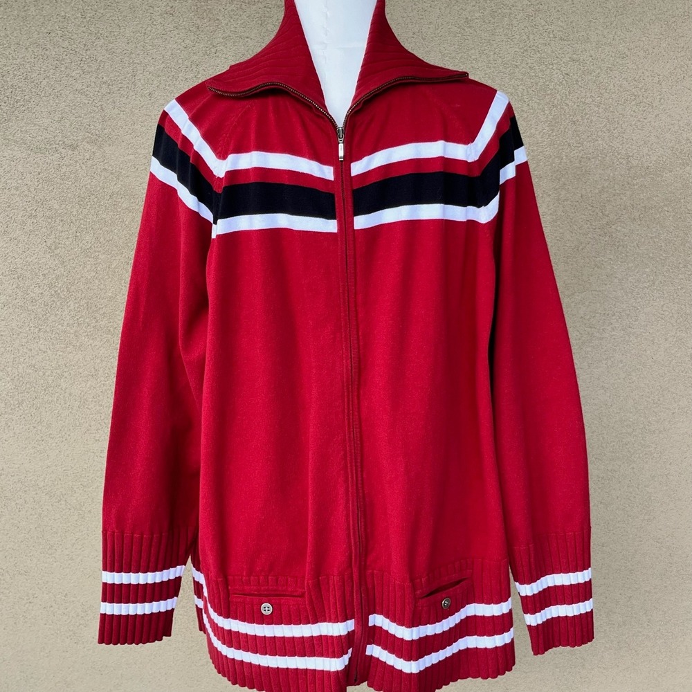 Vintage CJ Banks Red Striped Full Zip Cardigan Sweater Mock Neck Plus Size 1X